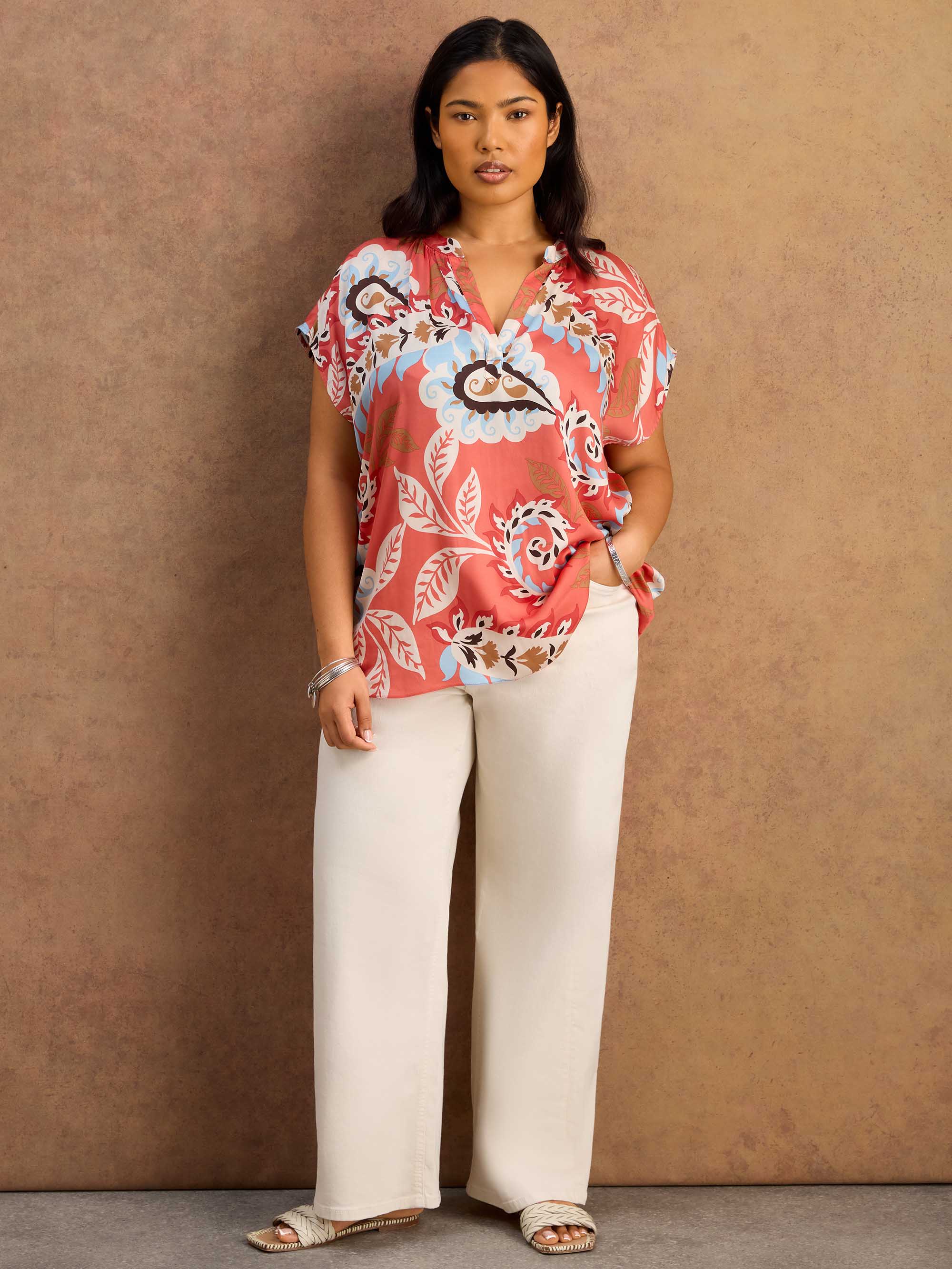 Petite Coral Paisley Print Short Sleeve Top