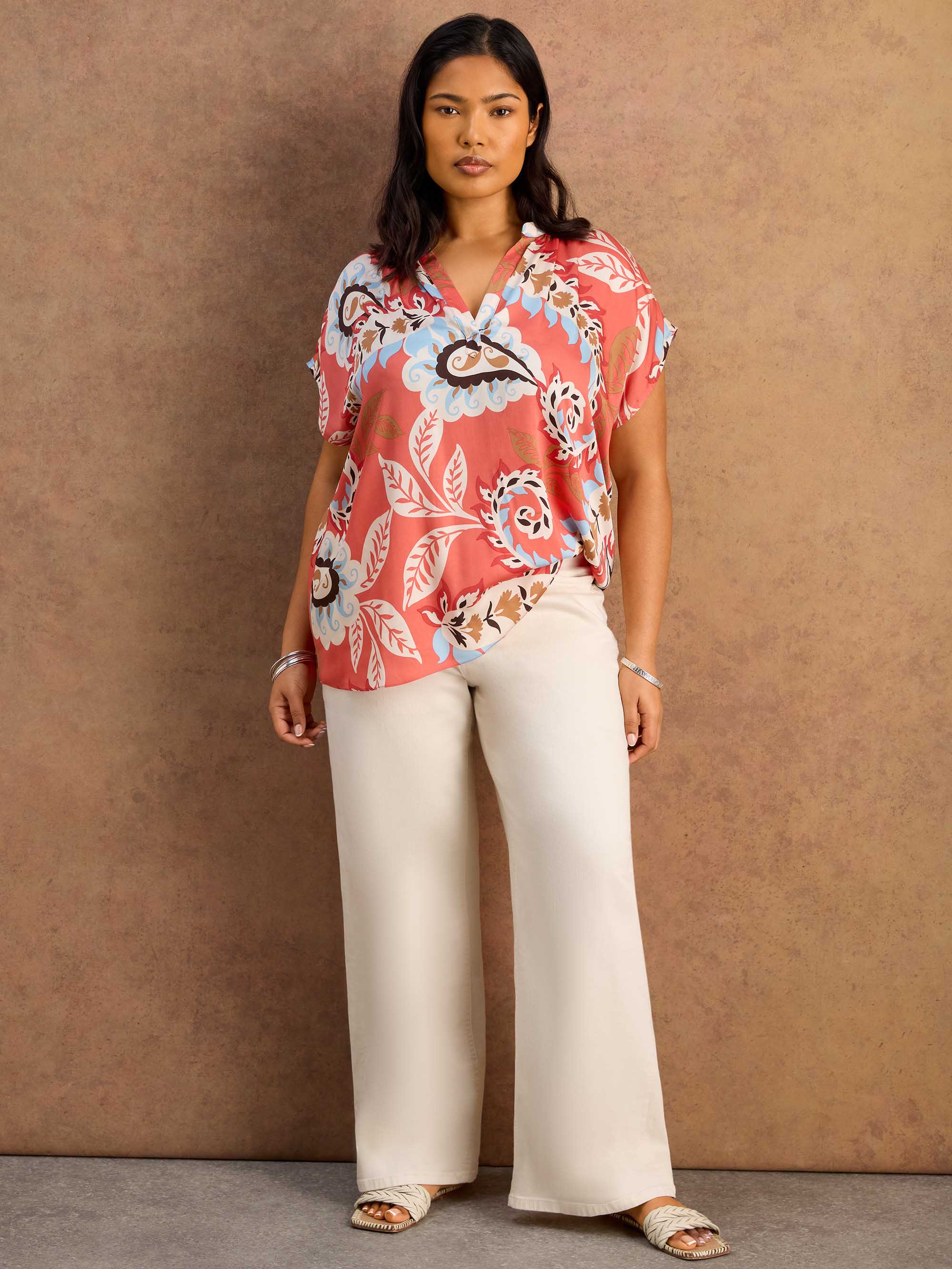 Petite Coral Paisley Print Short Sleeve Top