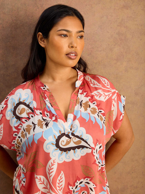 Petite Coral Paisley Print Short Sleeve Top