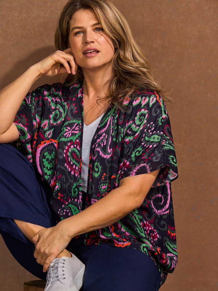 Black Paisley Print Batwing Cover Up