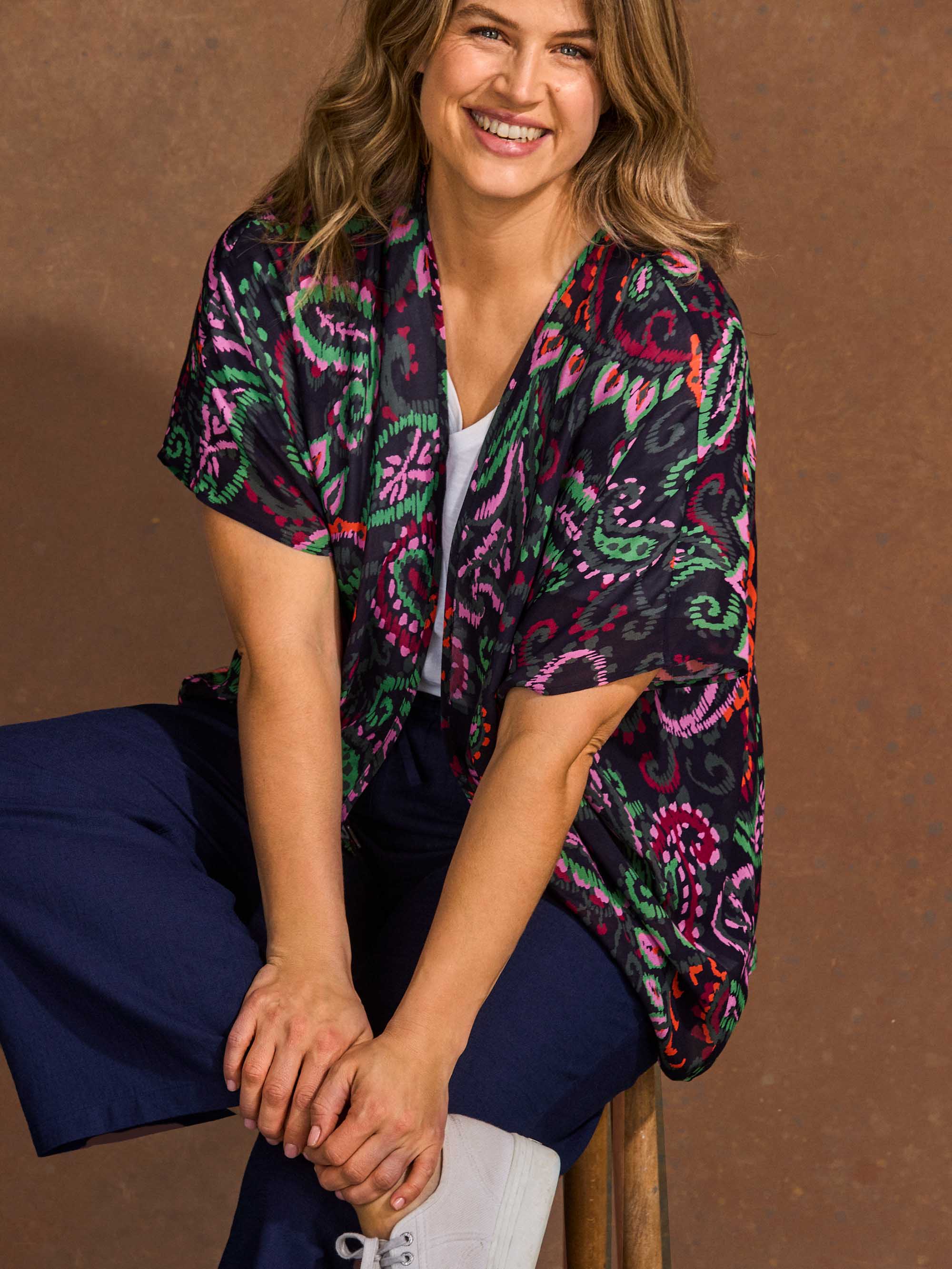 Black Paisley Print Batwing Cover Up