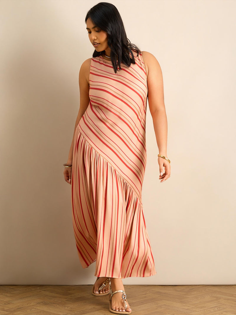 Multi Stripe Asymmetric Sleeveless Maxi Dress