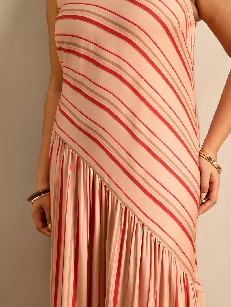 Multi Stripe Asymmetric Sleeveless Maxi Dress