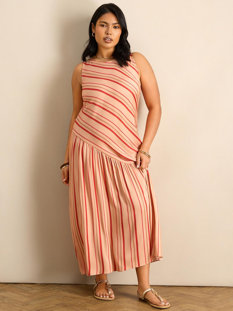 Multi Stripe Asymmetric Sleeveless Maxi Dress