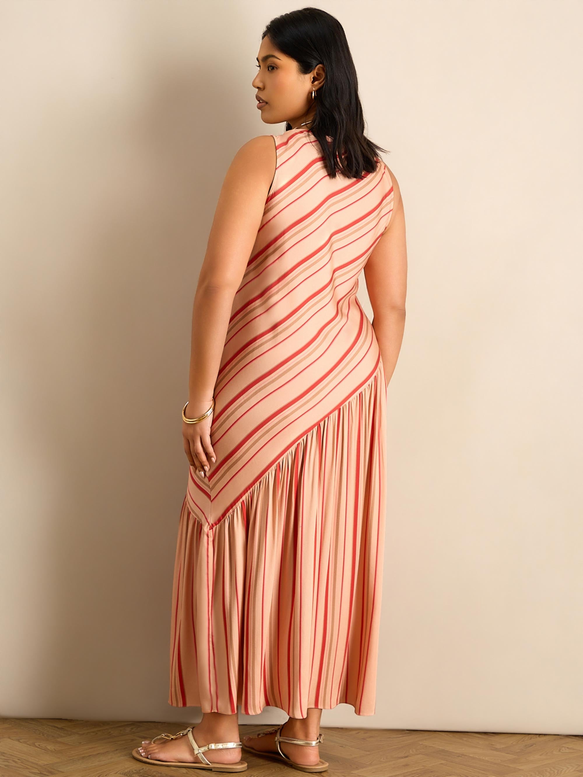 Multi Stripe Asymmetric Sleeveless Maxi Dress