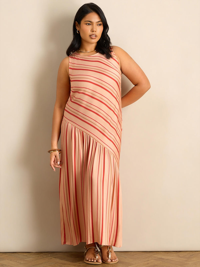 Multi Stripe Asymmetric Sleeveless Maxi Dress