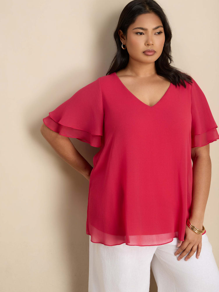 Pink V Neck Chiffon Overlay