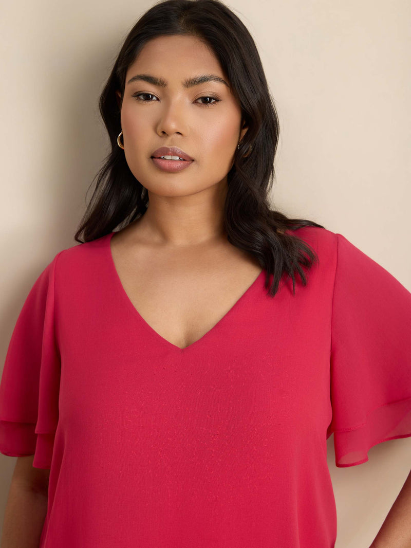 Pink V Neck Chiffon Overlay