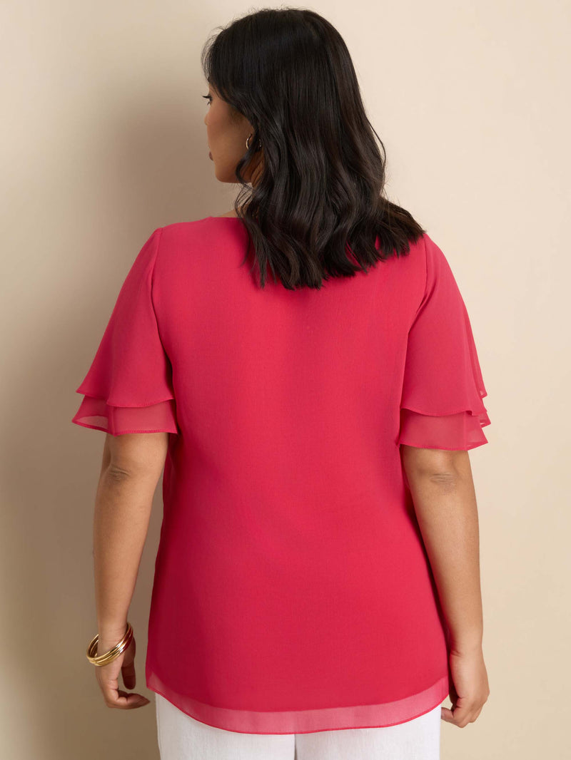Pink V Neck Chiffon Overlay