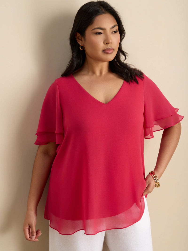 Pink V Neck Chiffon Overlay
