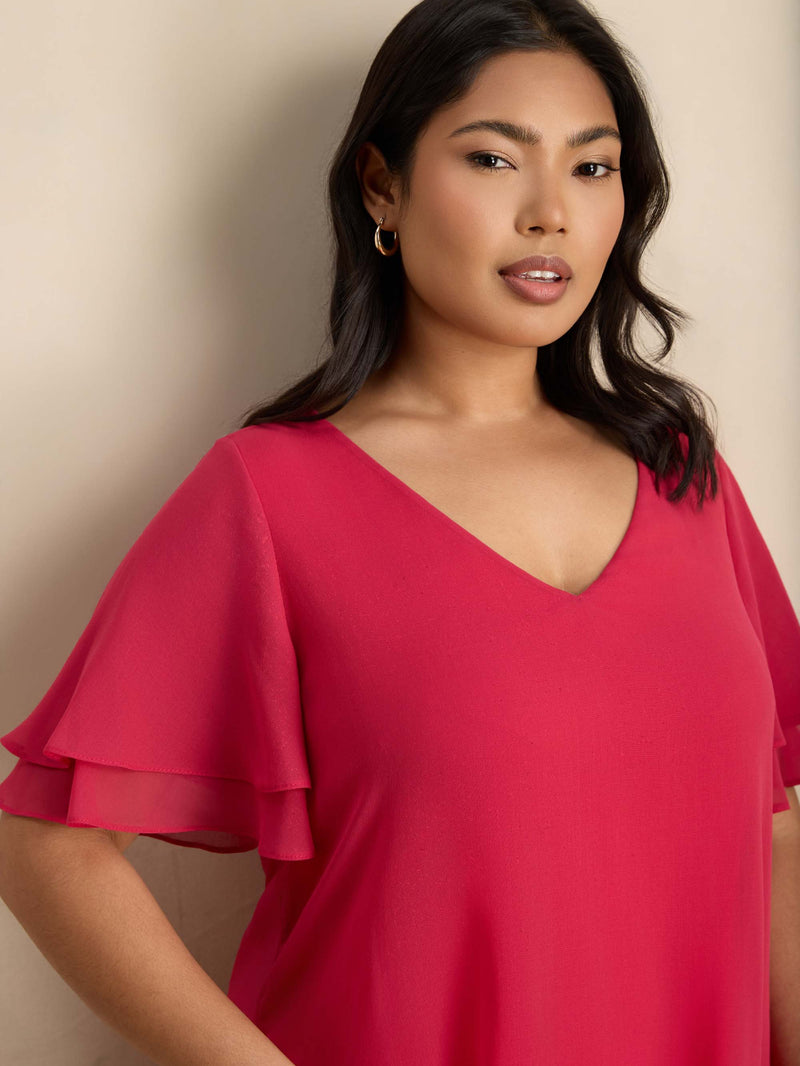 Pink V Neck Chiffon Overlay