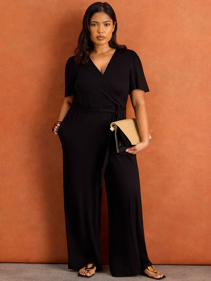 Black V Neck Wrap Flutter Sleeve Jersey Jumpsuit