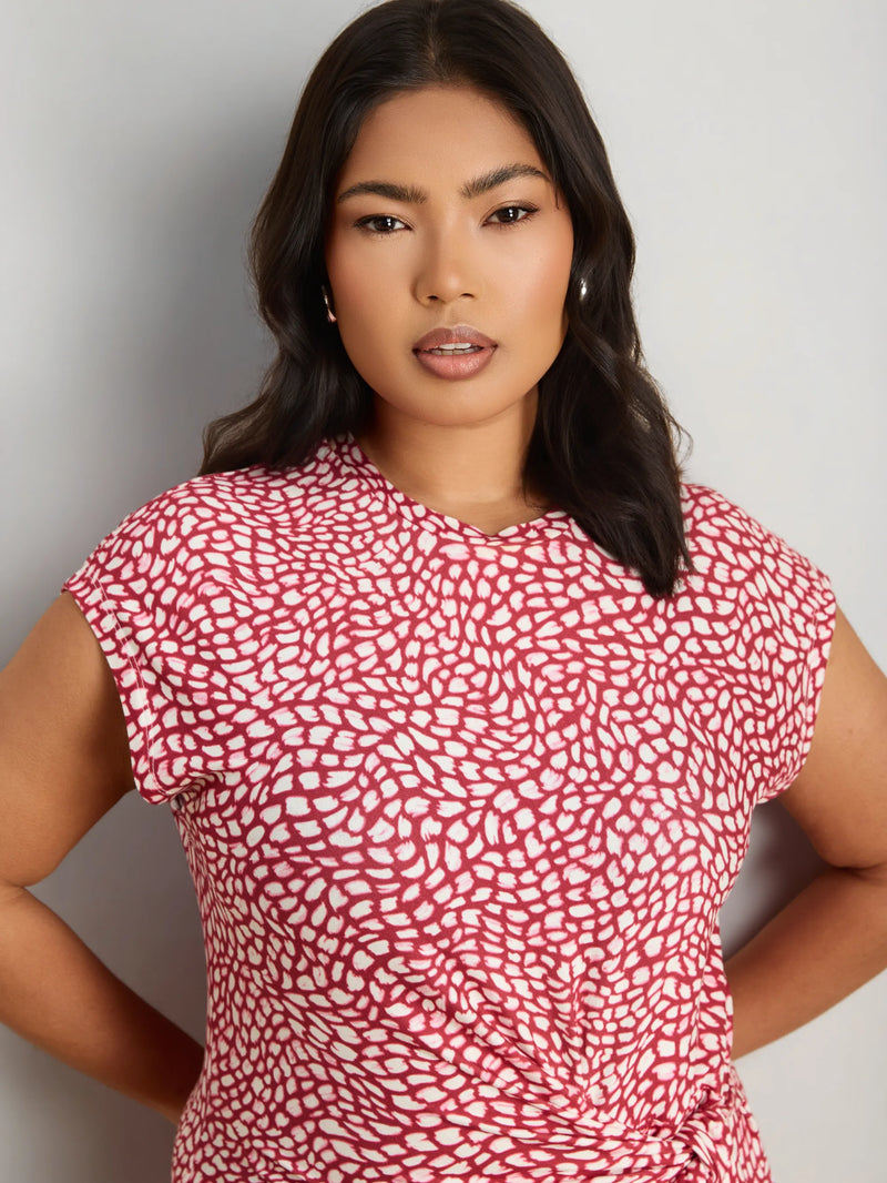Pink Abstract Short Sleeve Tie Side Jersey Midaxi Dress