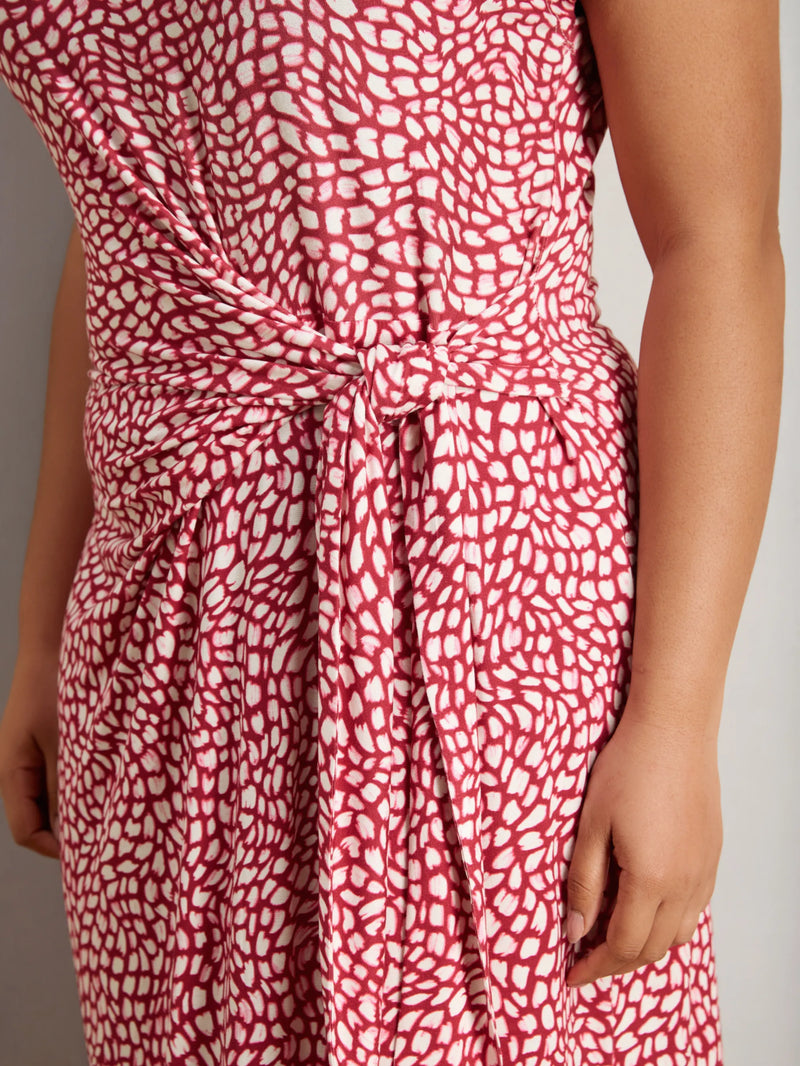Pink Abstract Short Sleeve Tie Side Jersey Midaxi Dress