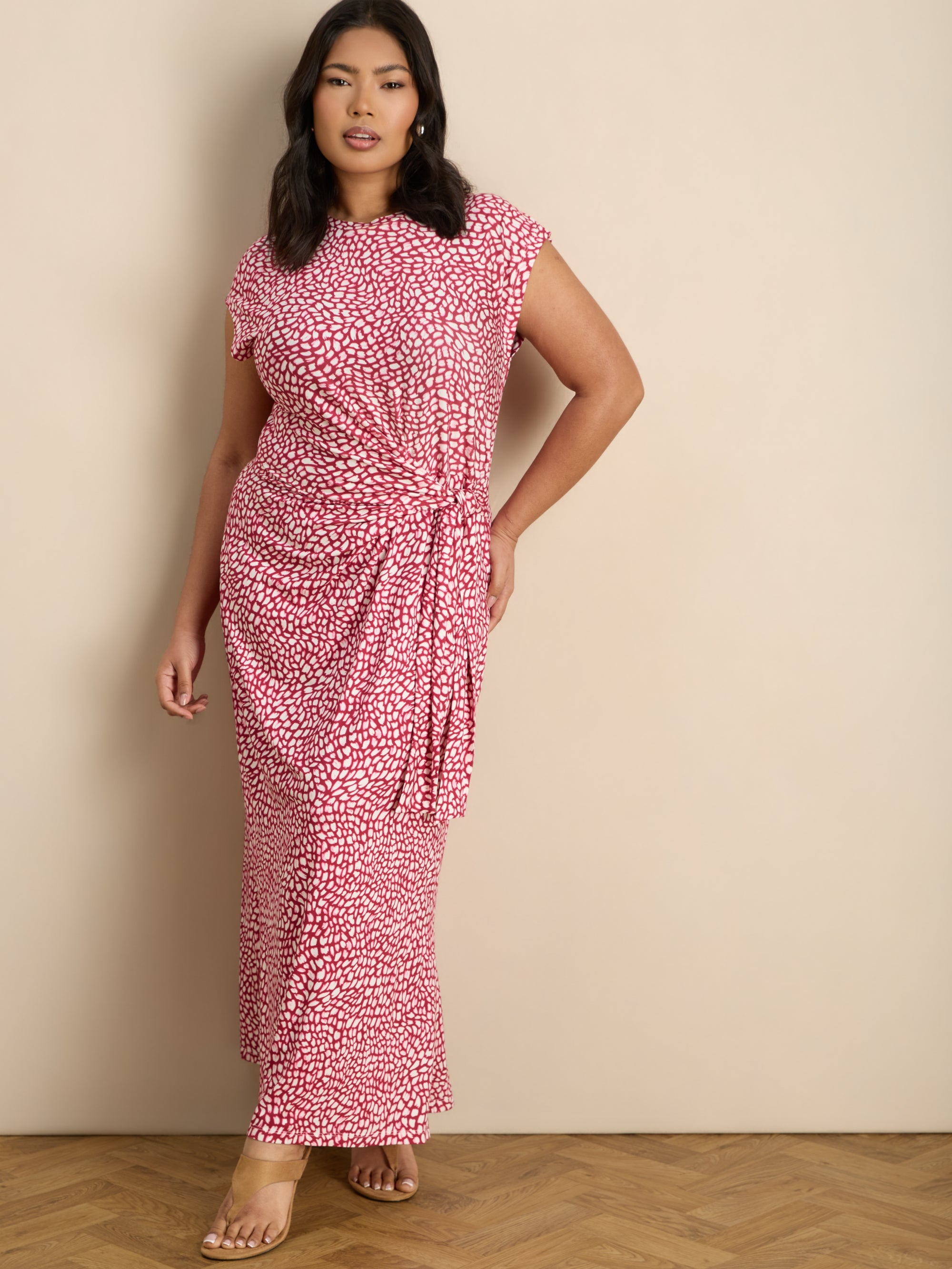 Pink Abstract Pink Short Sleeve Tie Side Maxi Dress
