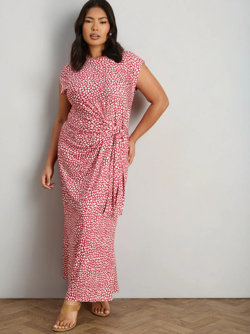 Pink Abstract Short Sleeve Tie Side Jersey Midaxi Dress