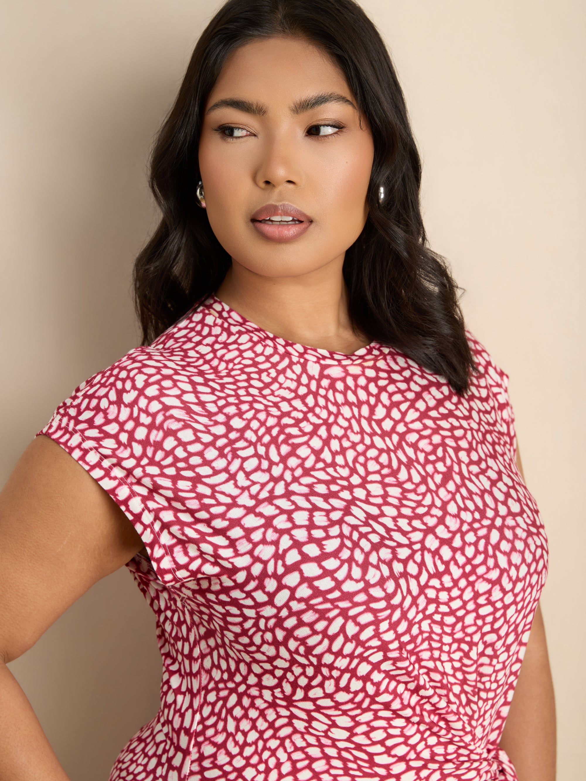 Pink Abstract Pink Short Sleeve Tie Side Maxi Dress