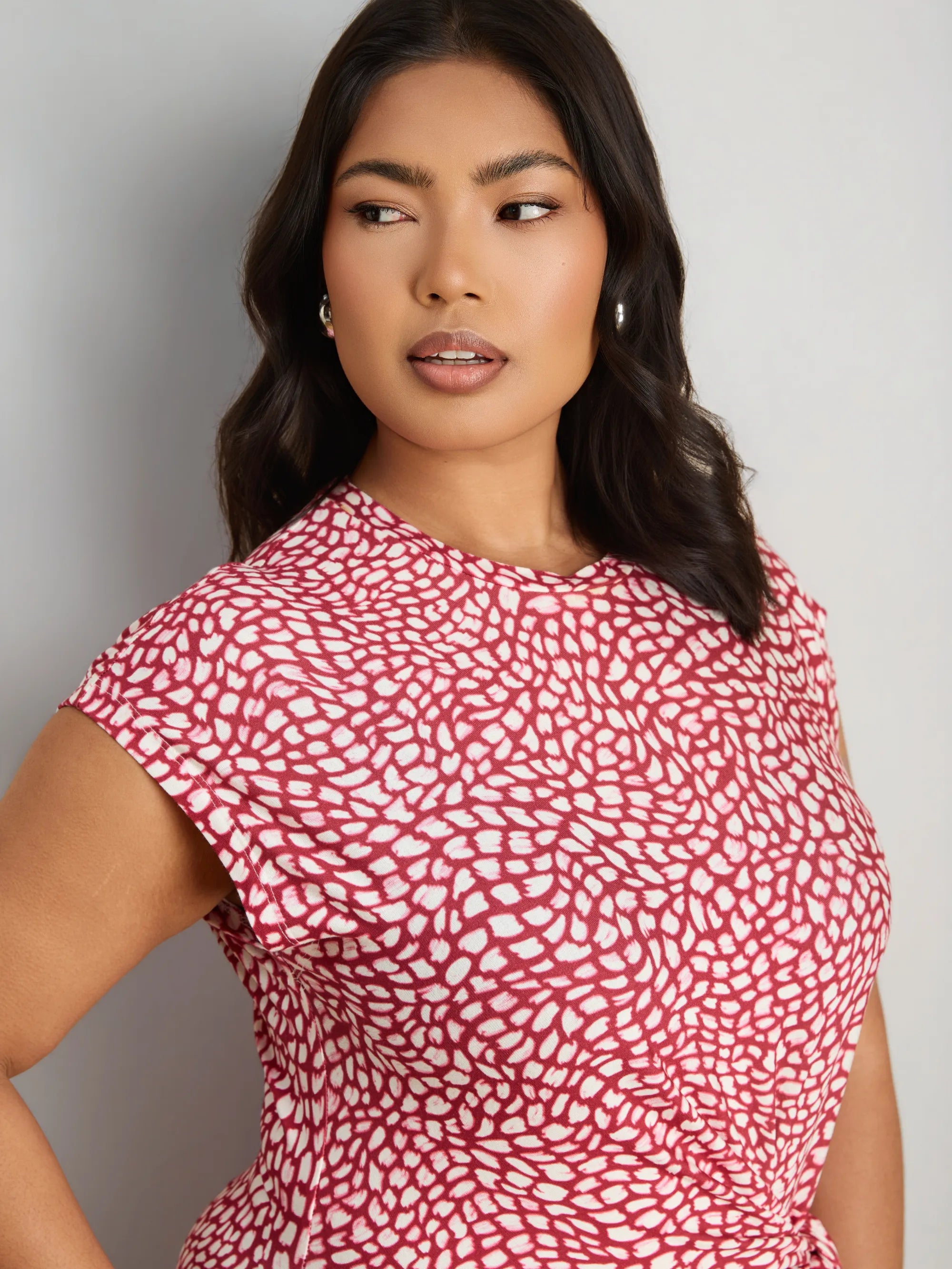 Pink Abstract Short Sleeve Tie Side Jersey Midaxi Dress
