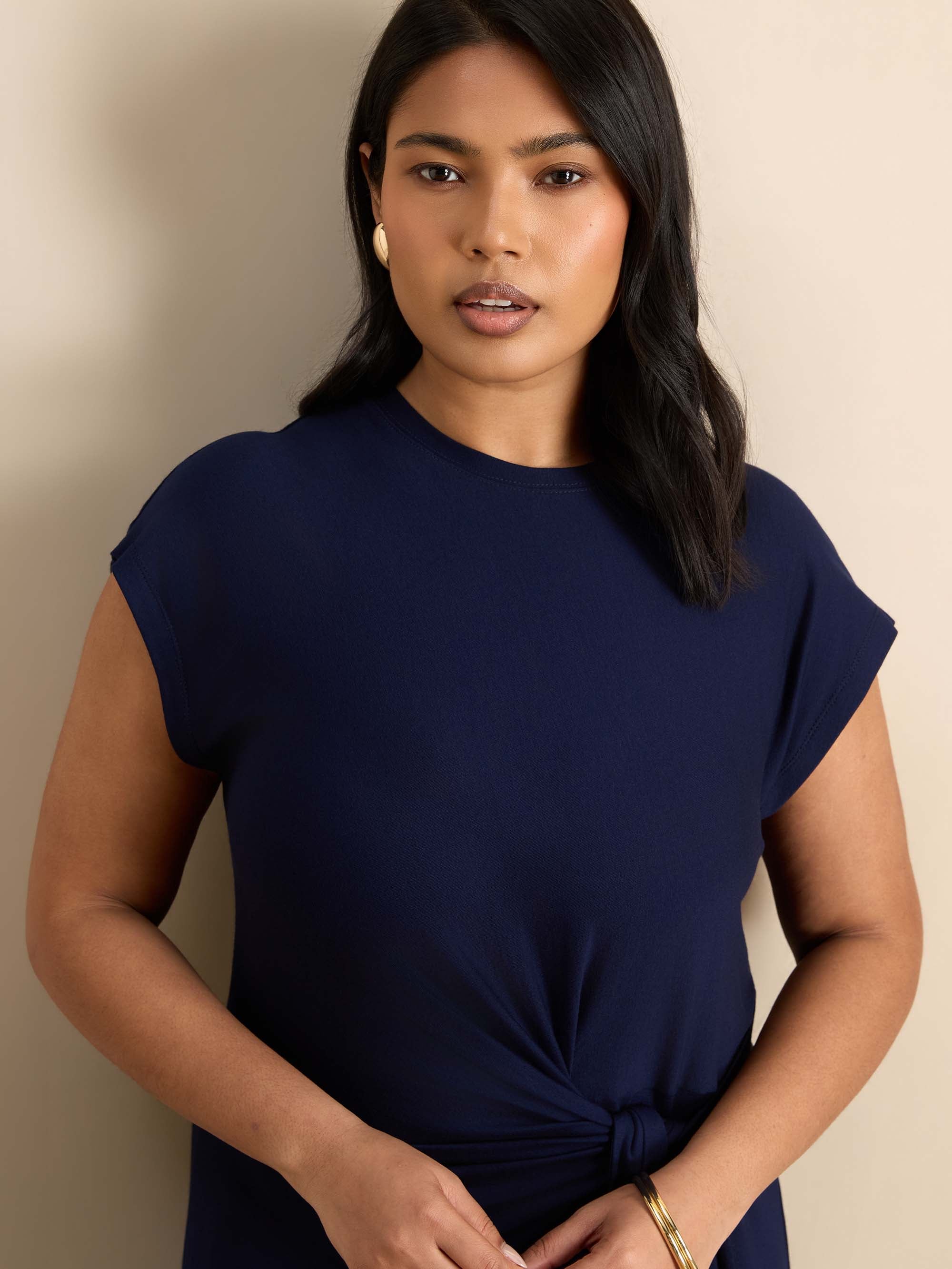 Navy Short Sleeve Tie Side Jersey Maxi Dress