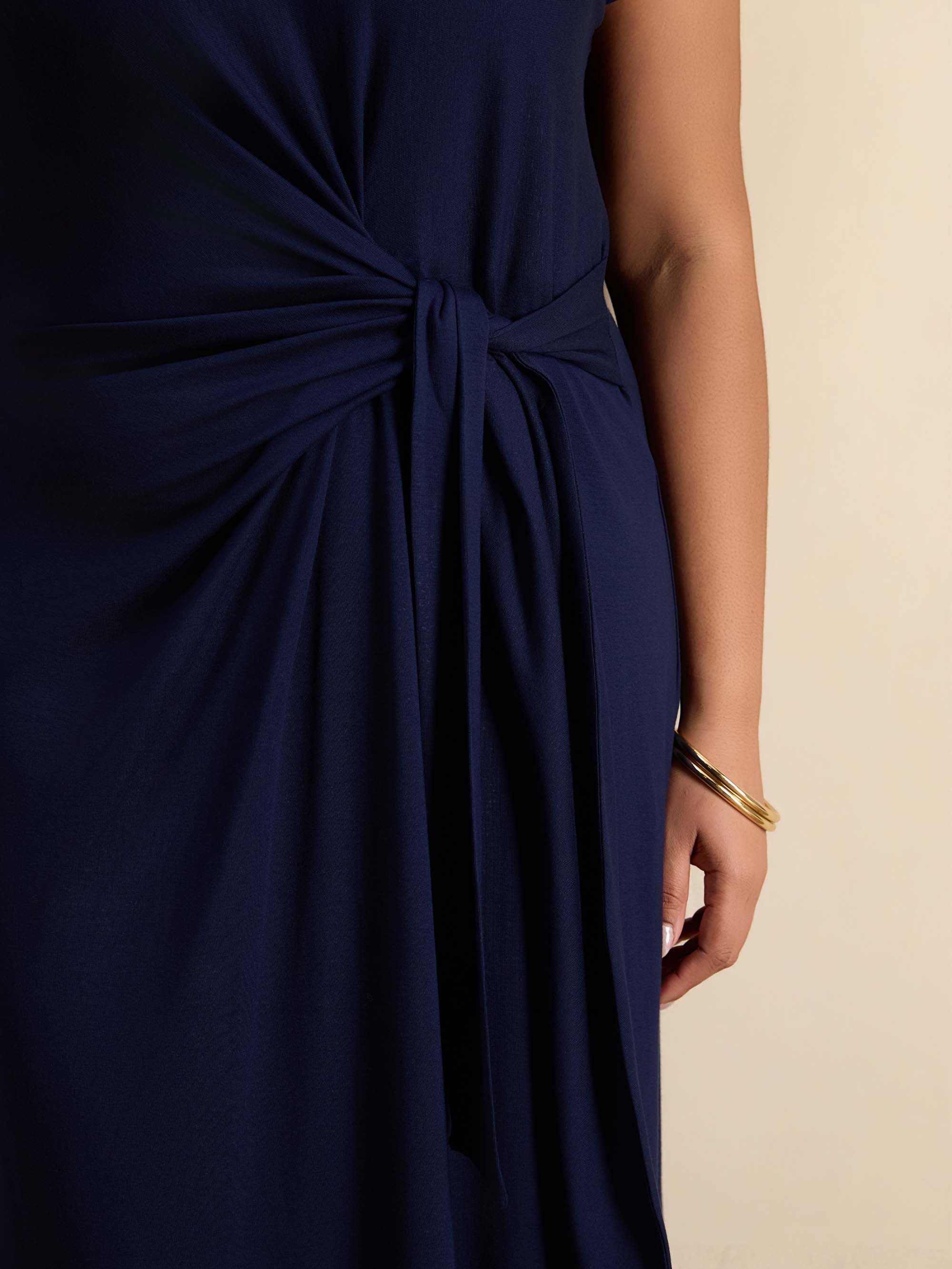 Navy Short Sleeve Tie Side Jersey Maxi Dress