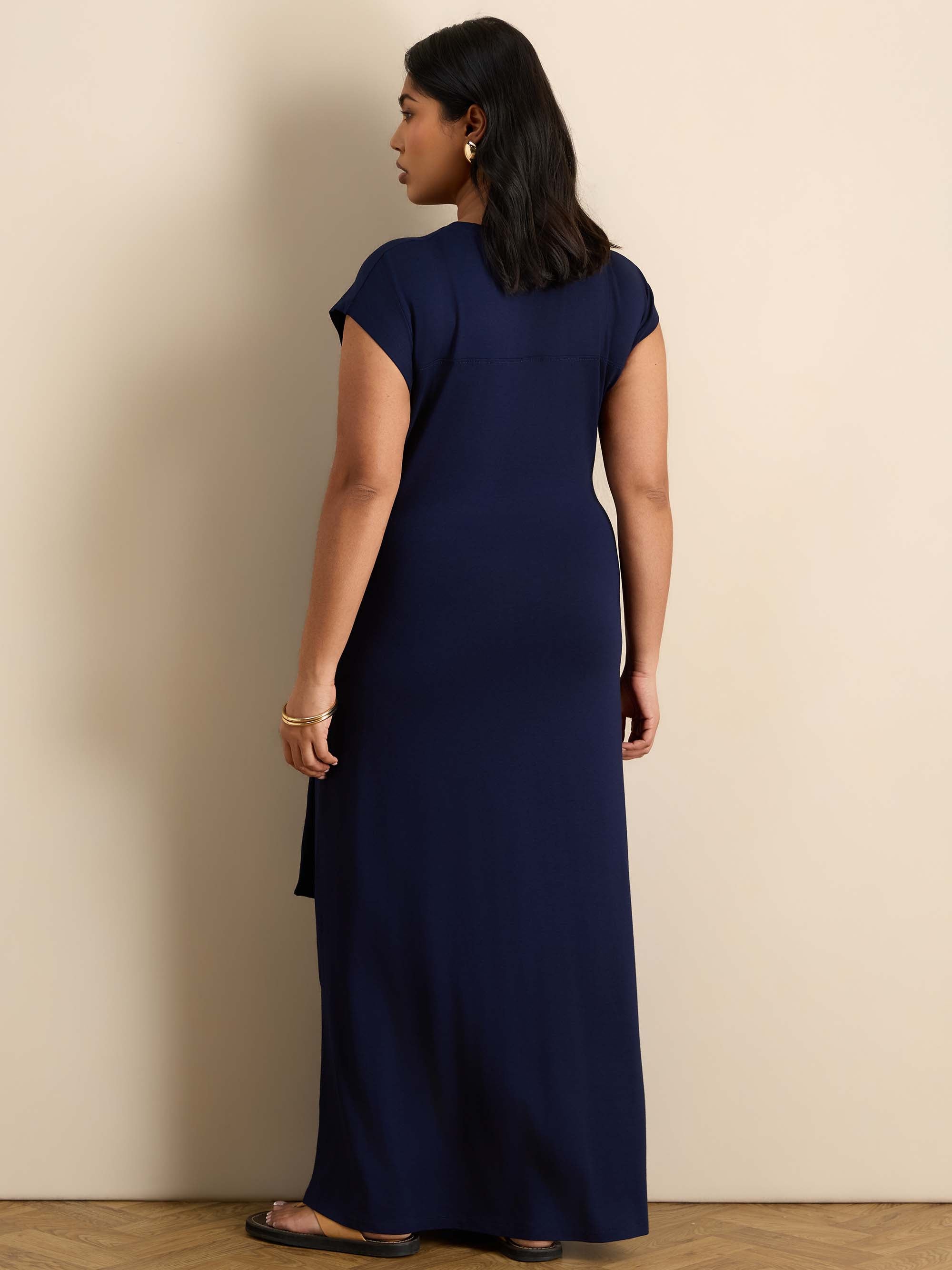 Navy Short Sleeve Tie Side Jersey Maxi Dress