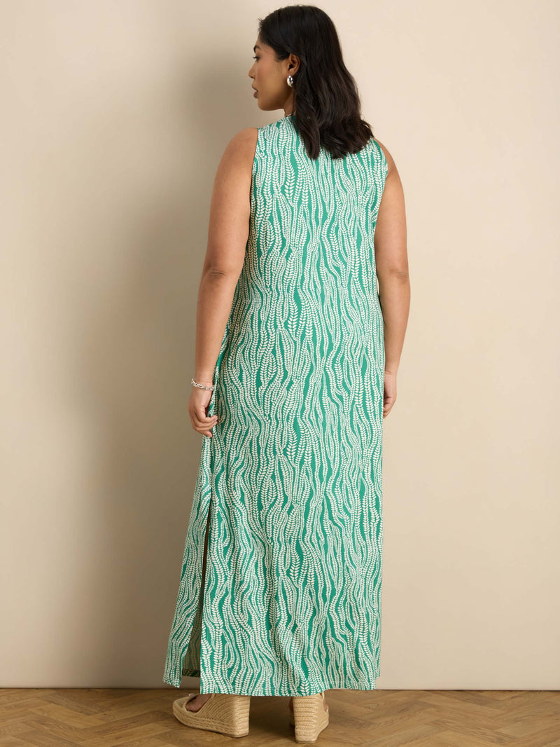Green Linear Leaf Print Side Split Sleeveless Maxi Dress
