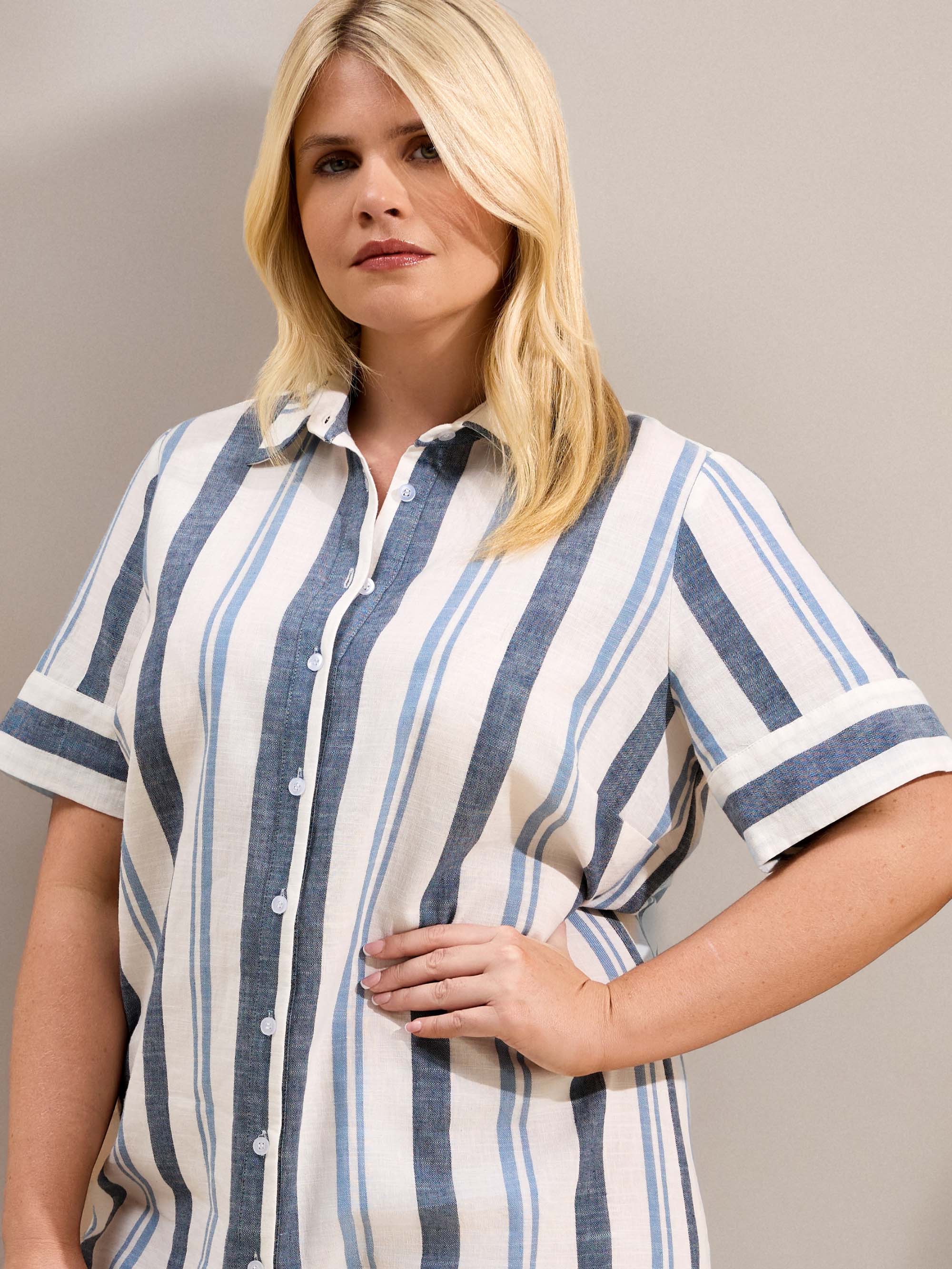 Blue Stripe Short Sleeve Linen Blend Shirt Dress