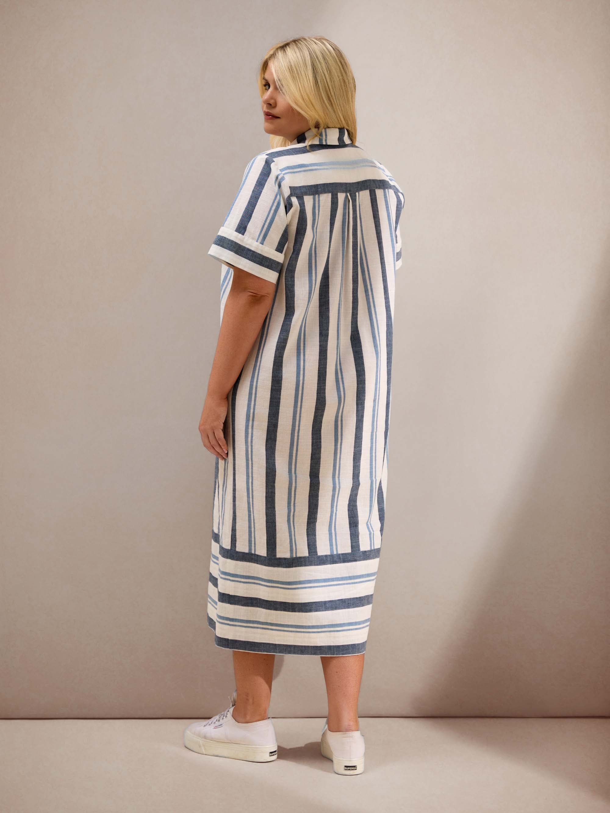 Blue Stripe Short Sleeve Linen Blend Shirt Dress