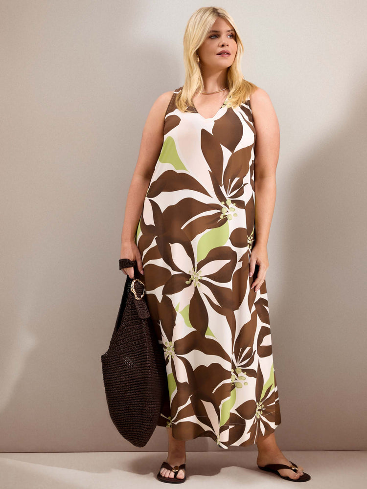 Brown Floral Print Sleeveless V Neck Dress