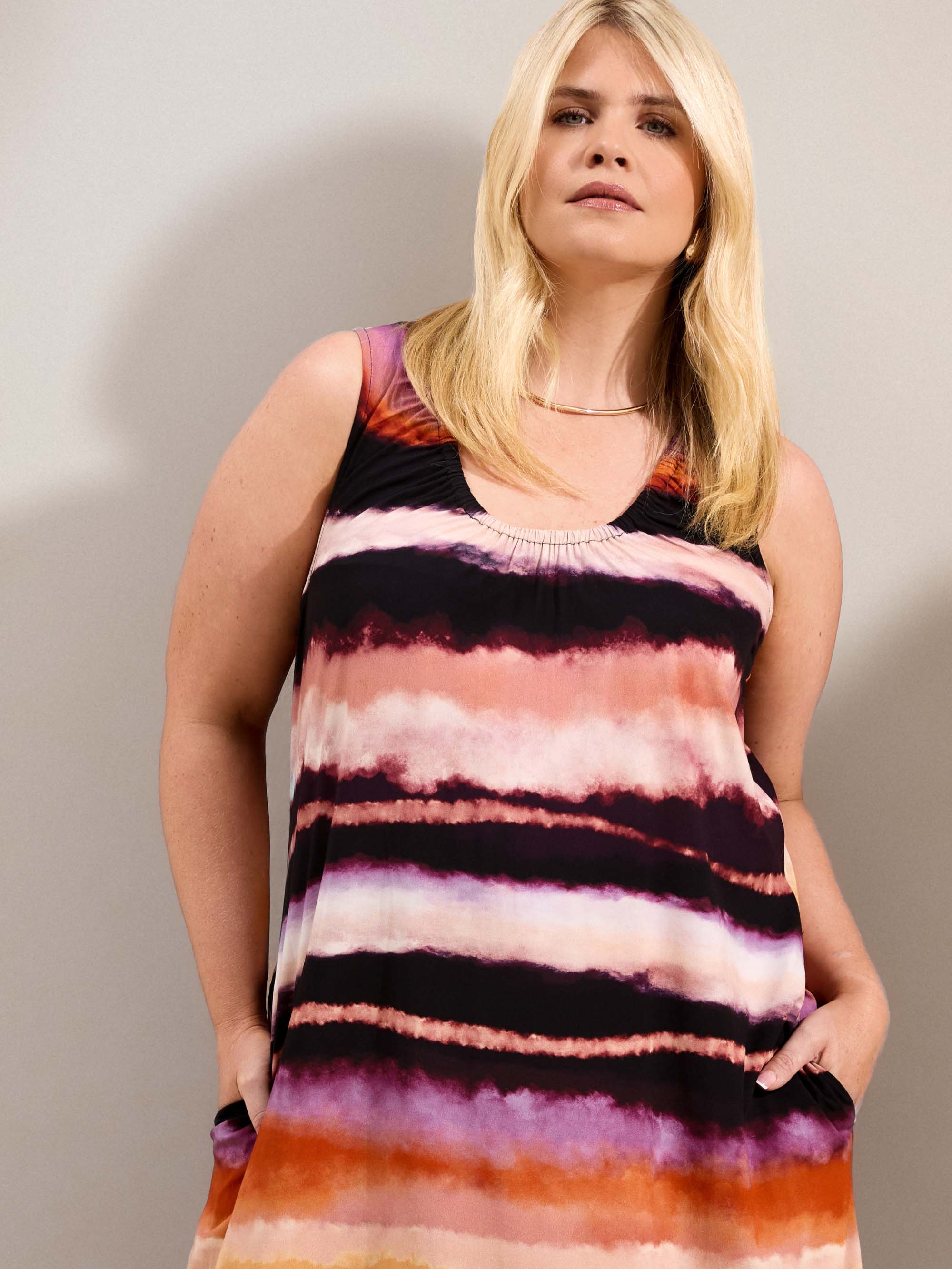 Abstract Multi Stripe Scoop Neck Maxi Dress