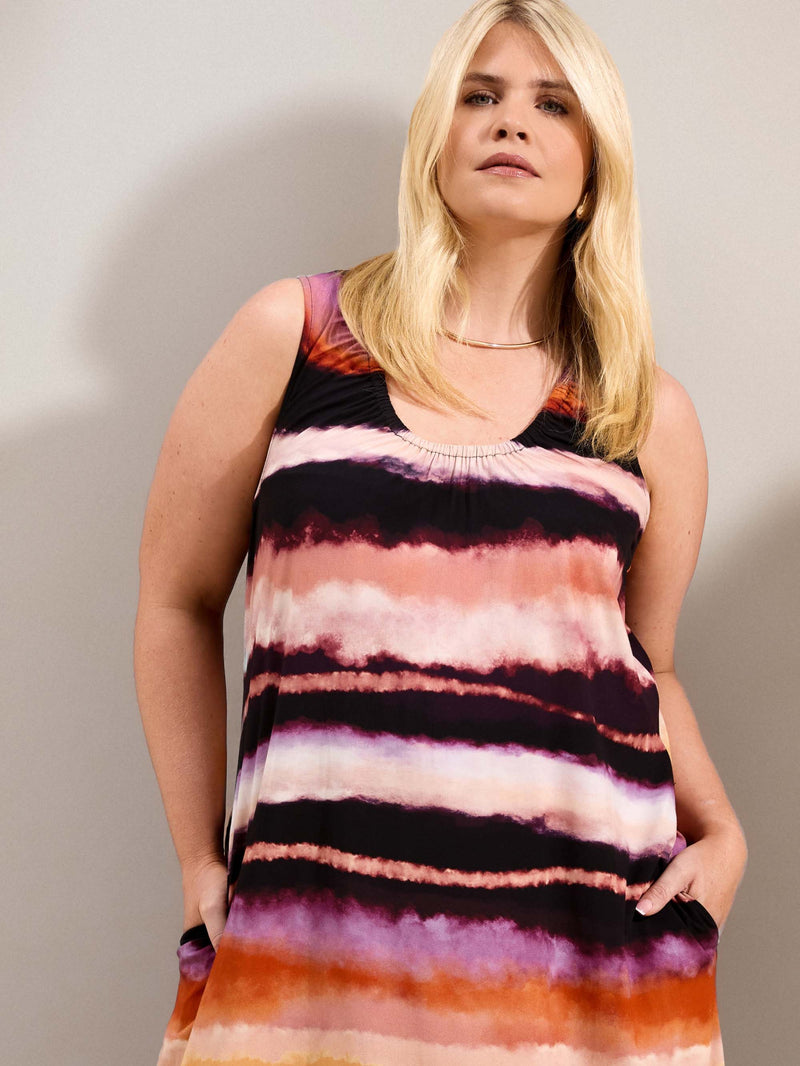Abstract Multi Stripe Scoop Neck Maxi Dress