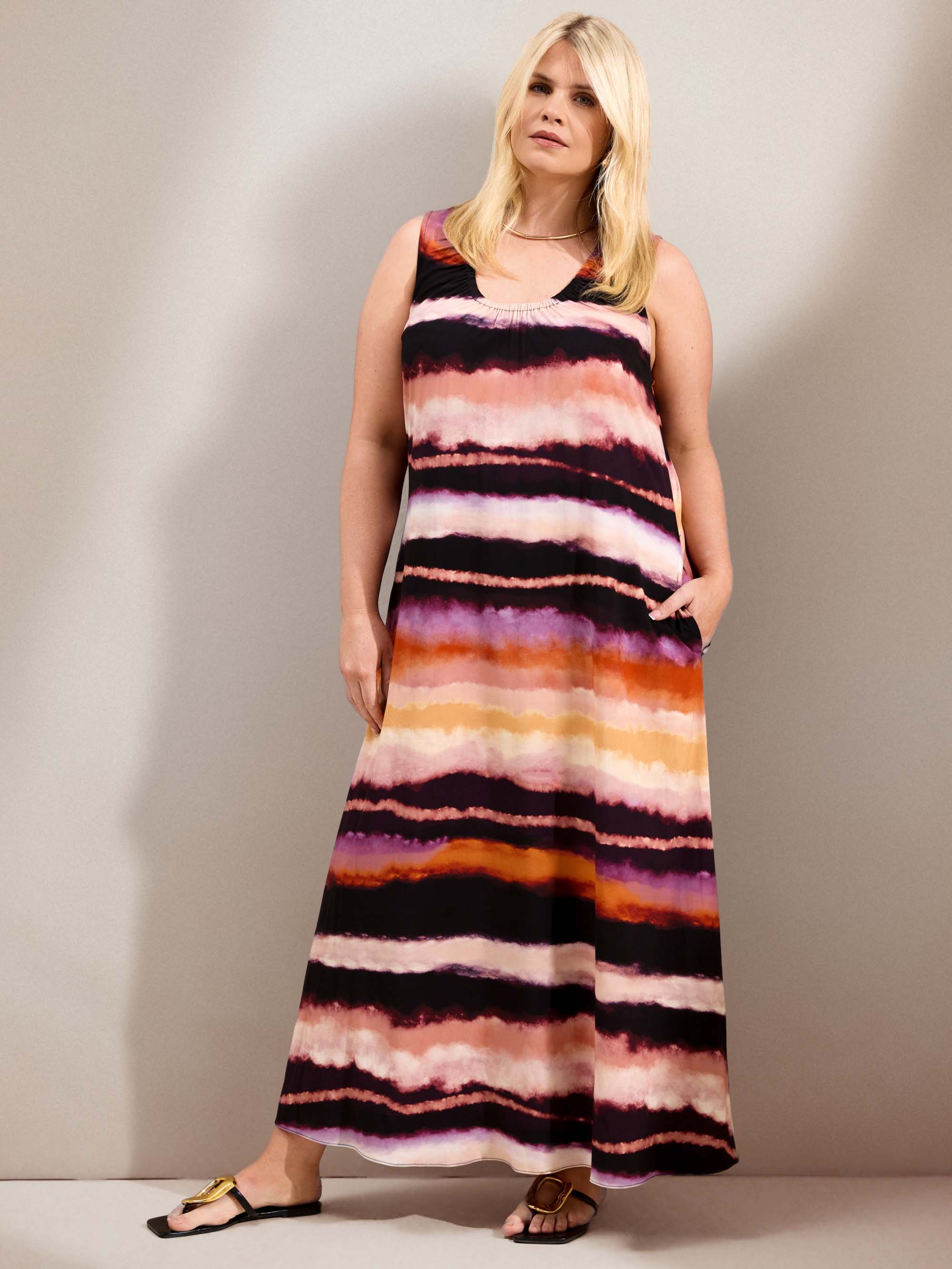 Abstract Multi Stripe Scoop Neck Maxi Dress