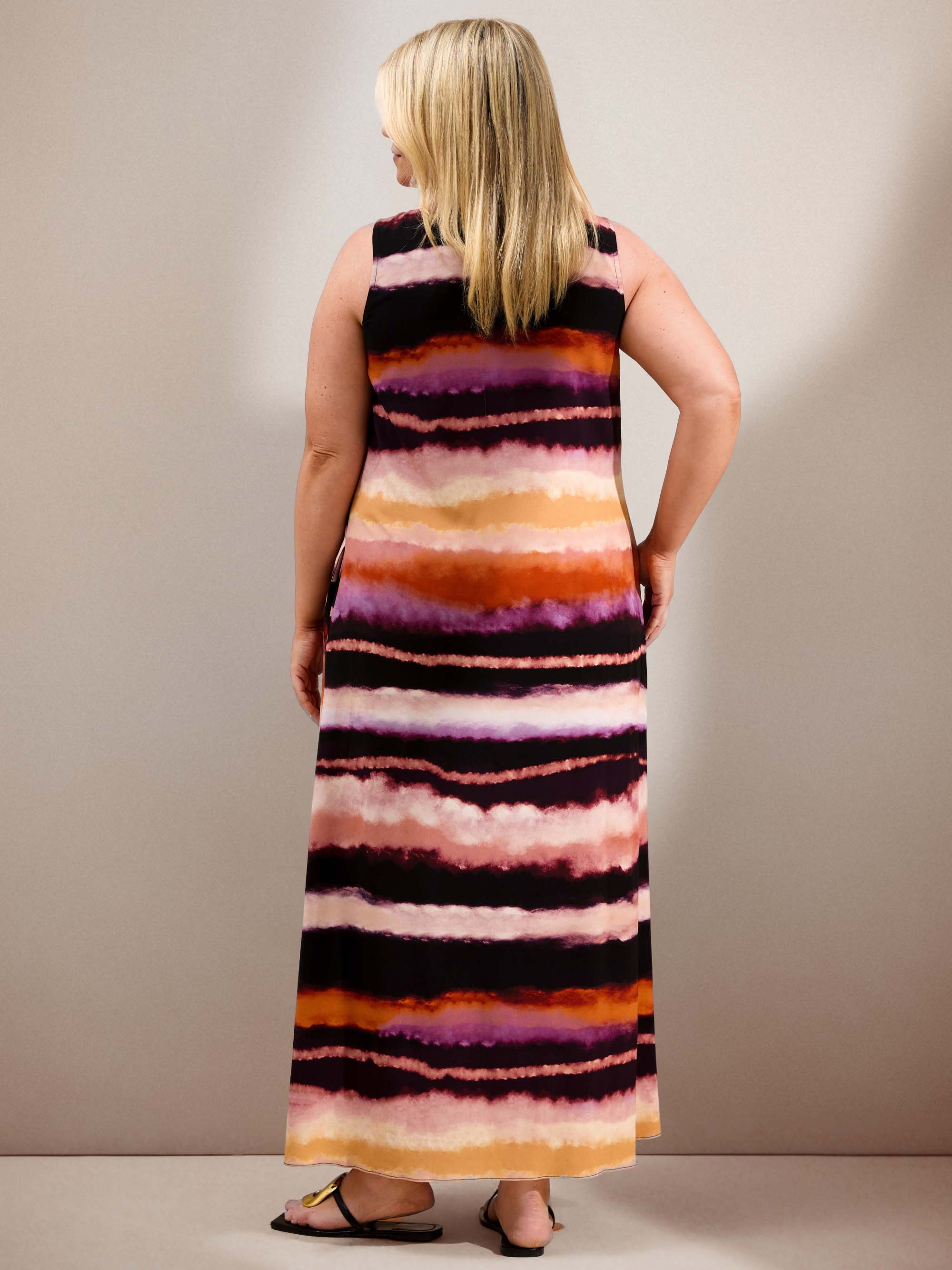 Abstract Multi Stripe Scoop Neck Maxi Dress