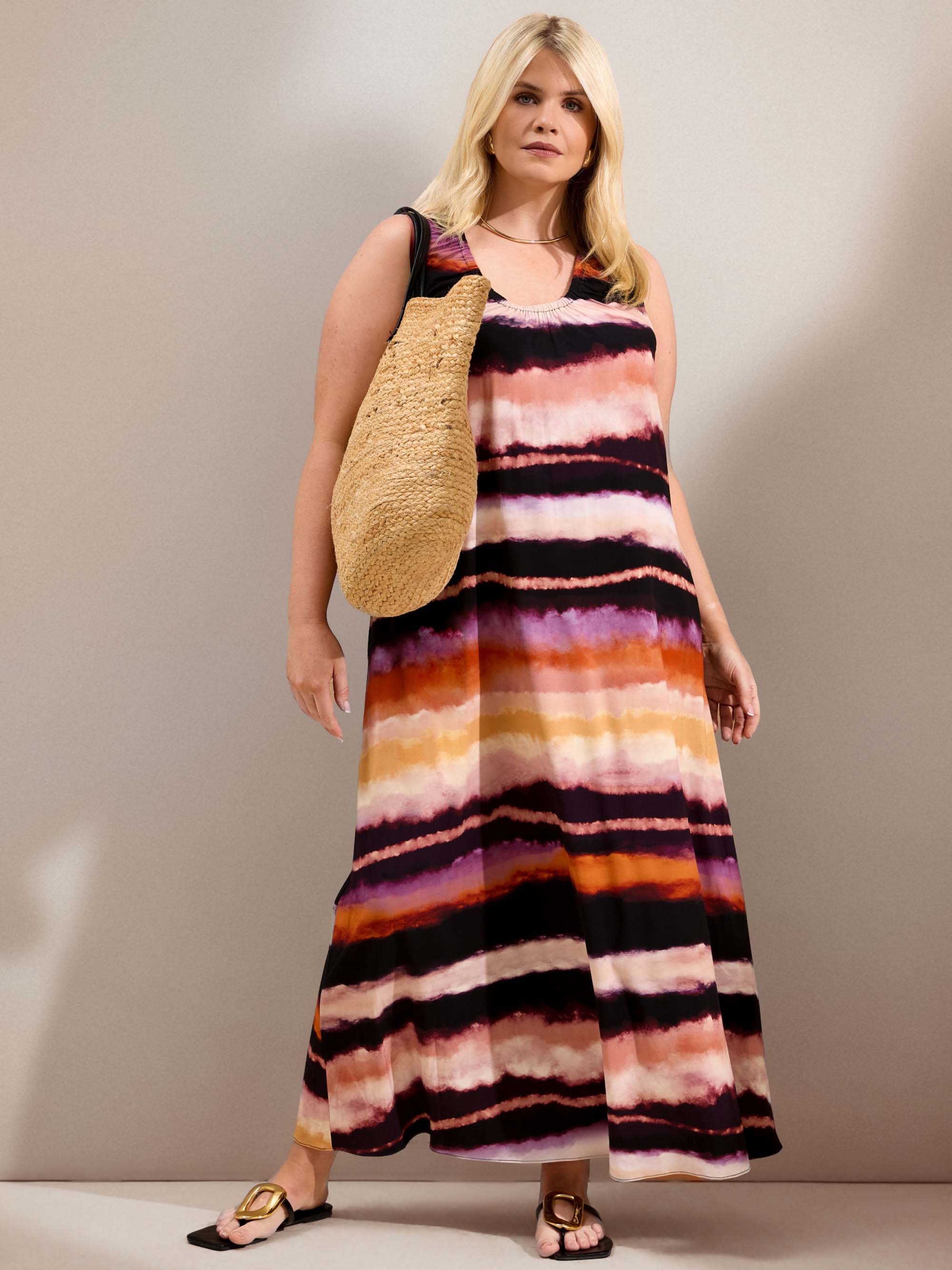 Abstract Multi Stripe Scoop Neck Maxi Dress