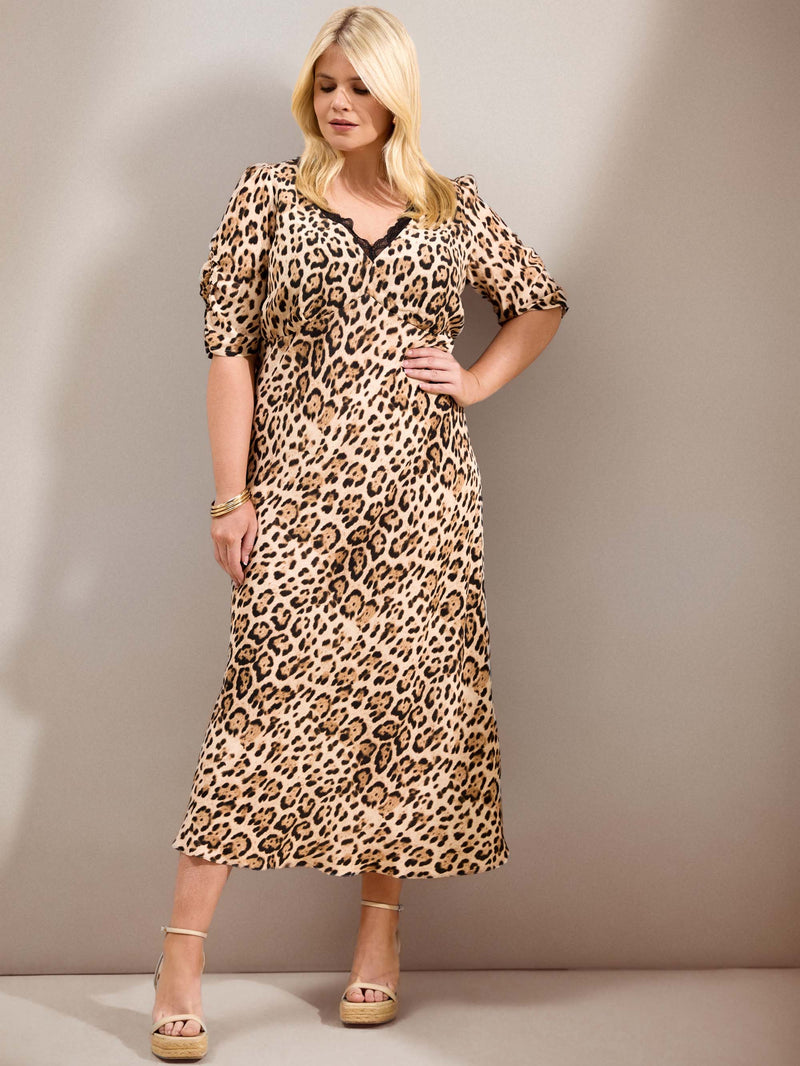 Natural Leopard Print Lace Trim Midaxi Dress