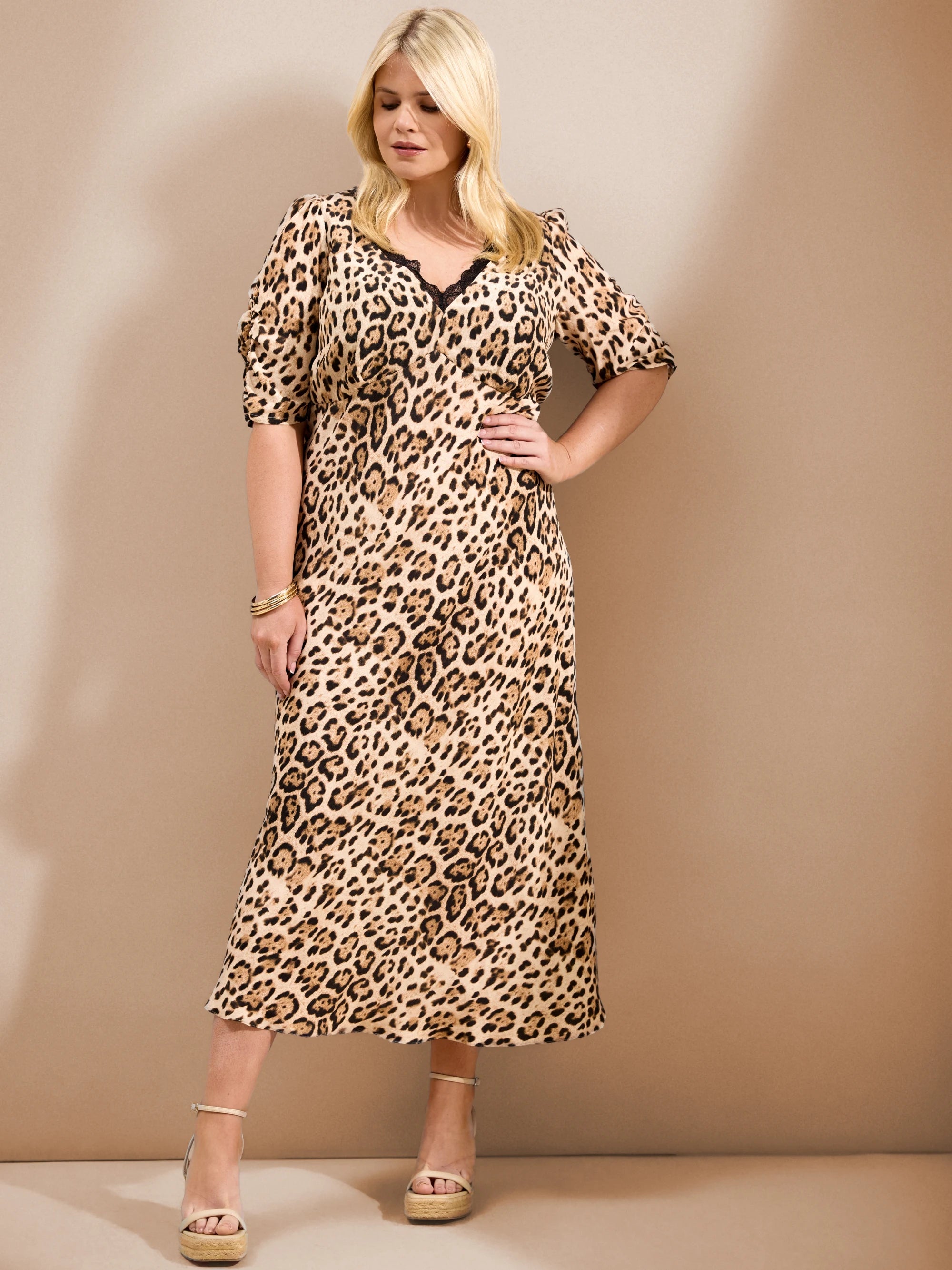 Natural Leopard Print Lace Trim Midaxi Dress