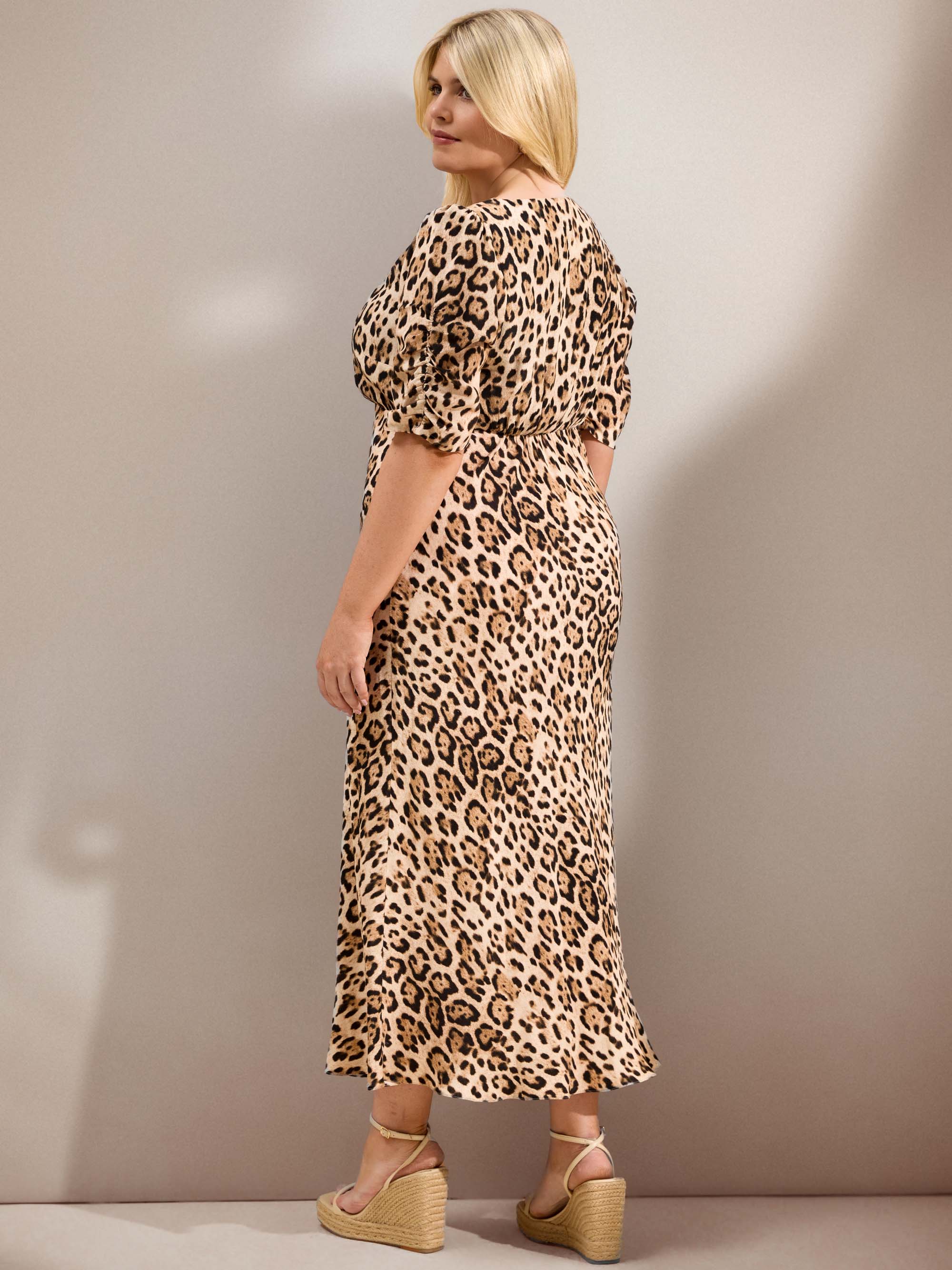 Natural Leopard Print Lace Trim Midaxi Dress
