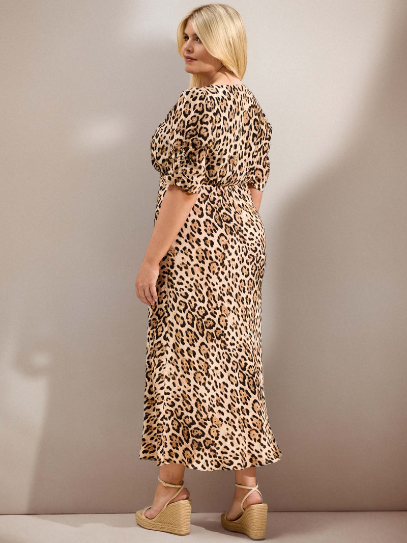 Natural Leopard Print Lace Trim Midaxi Dress