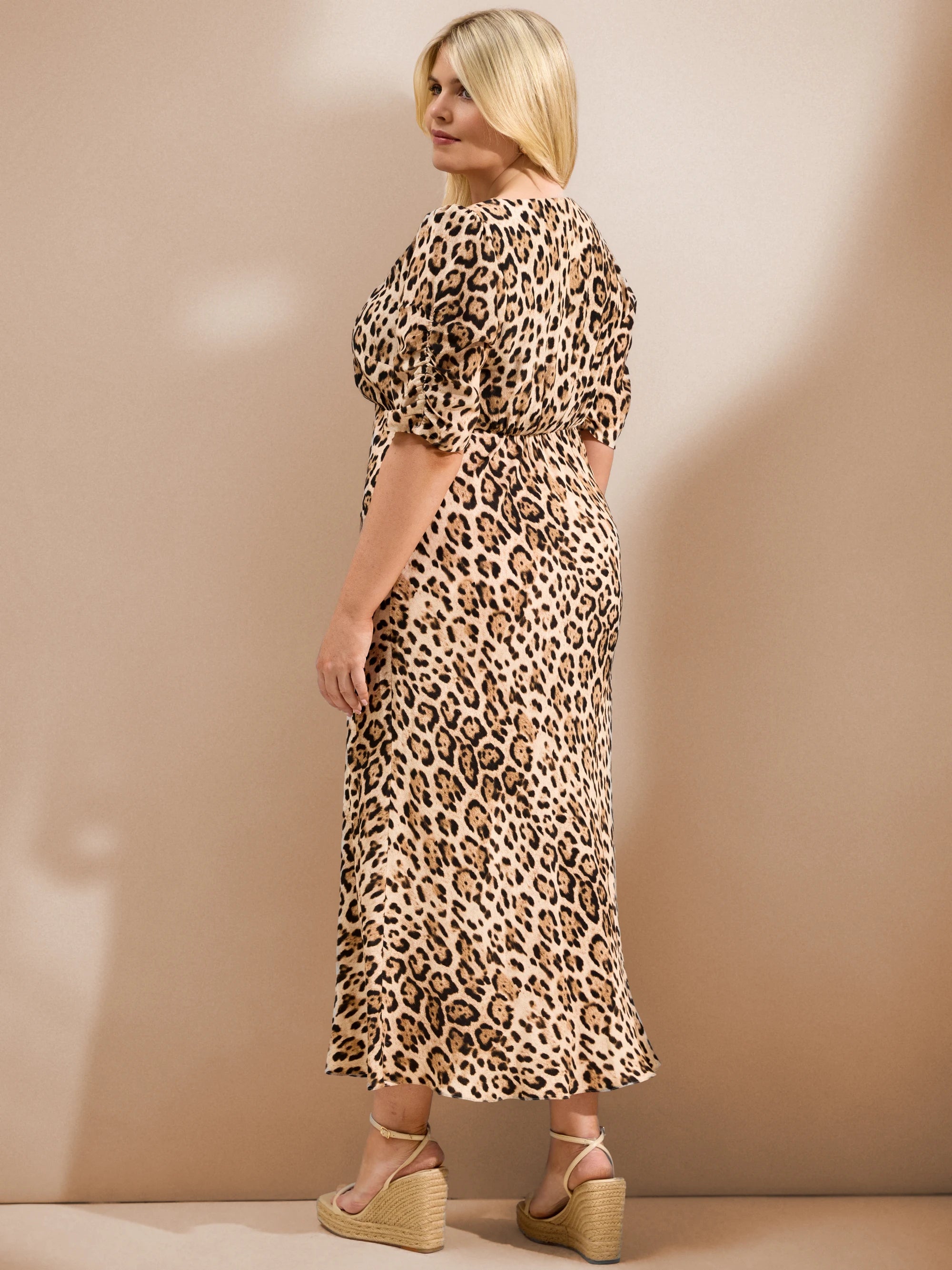 Natural Leopard Print Lace Trim Midaxi Dress