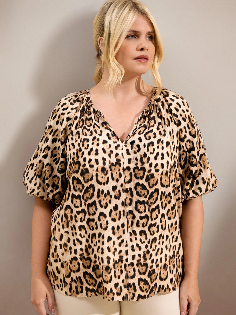 Natural Leopard Print Tie Front Puff Sleeve Blouse