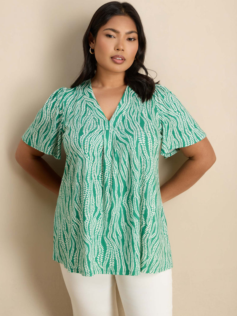 Green Linear Leaf Print Short Sleeve Jersey Top