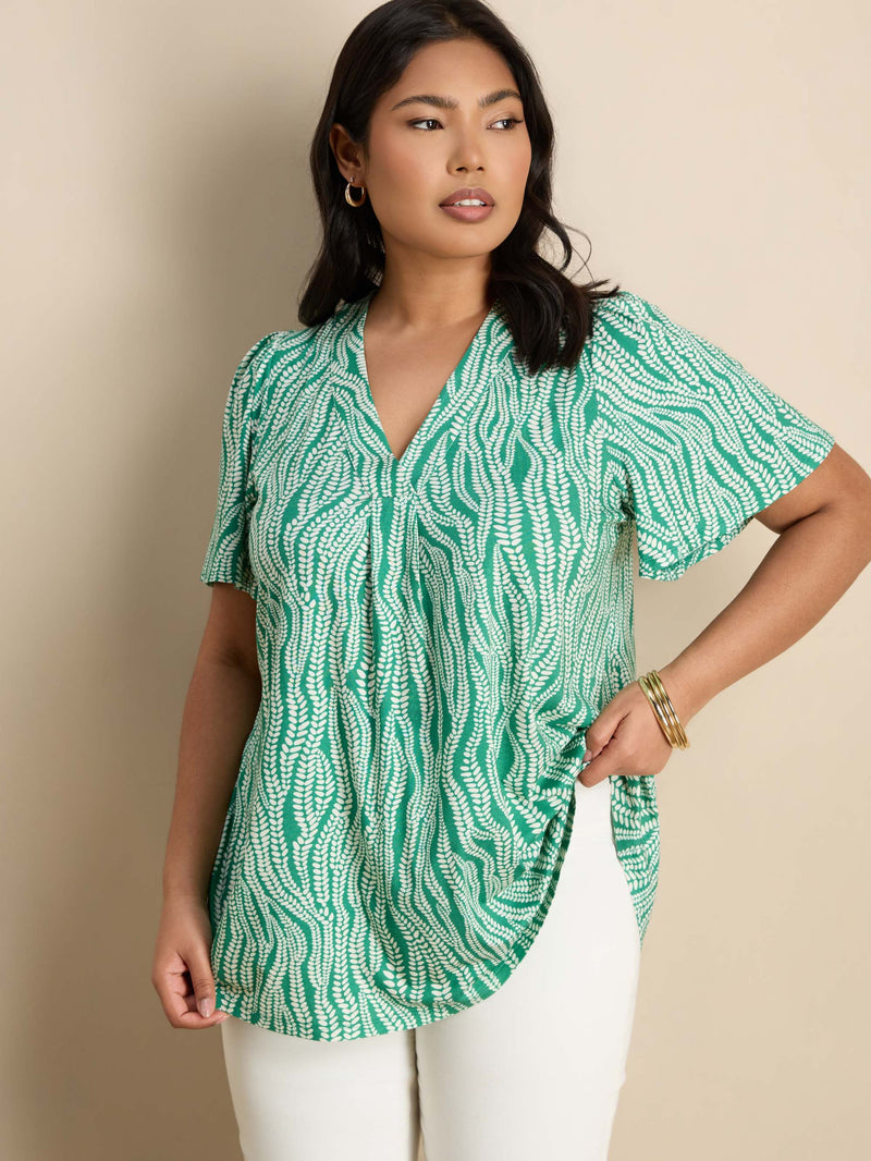 Green Linear Leaf Print Short Sleeve Jersey Top