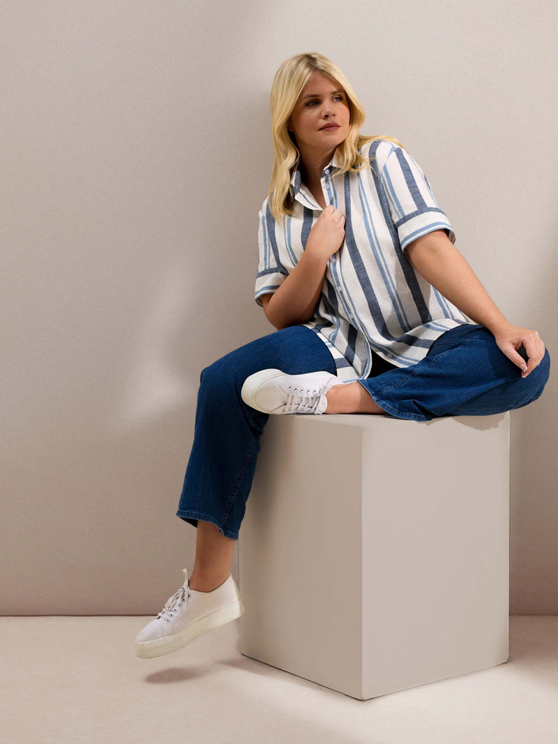 Blue Stripe Short Sleeve Linen Shirt