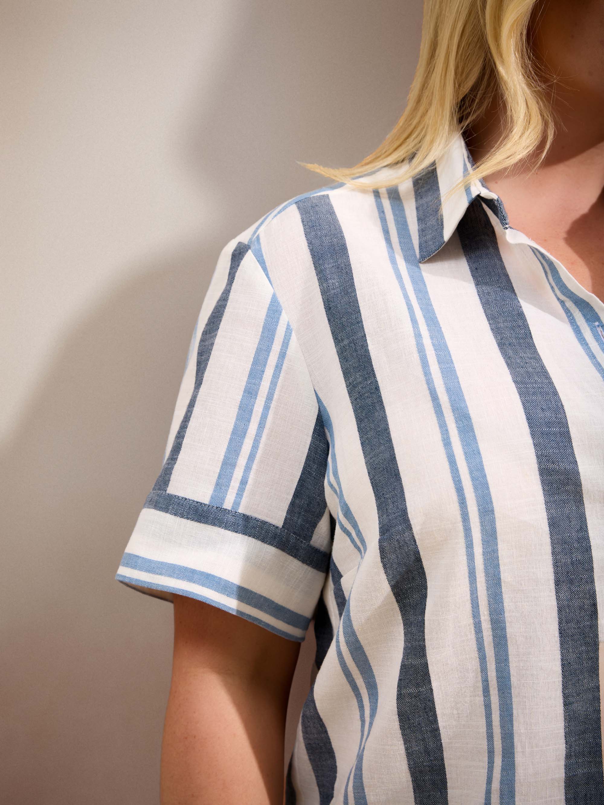 Blue Stripe Short Sleeve Linen Shirt