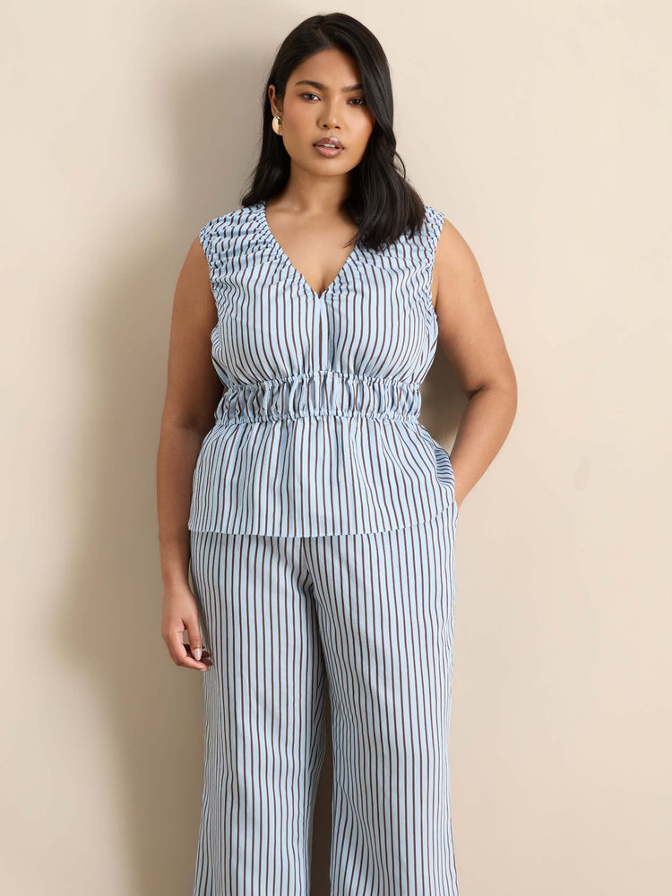Blue And Chocolate Stripe V Neck Elasticated Peplum Top