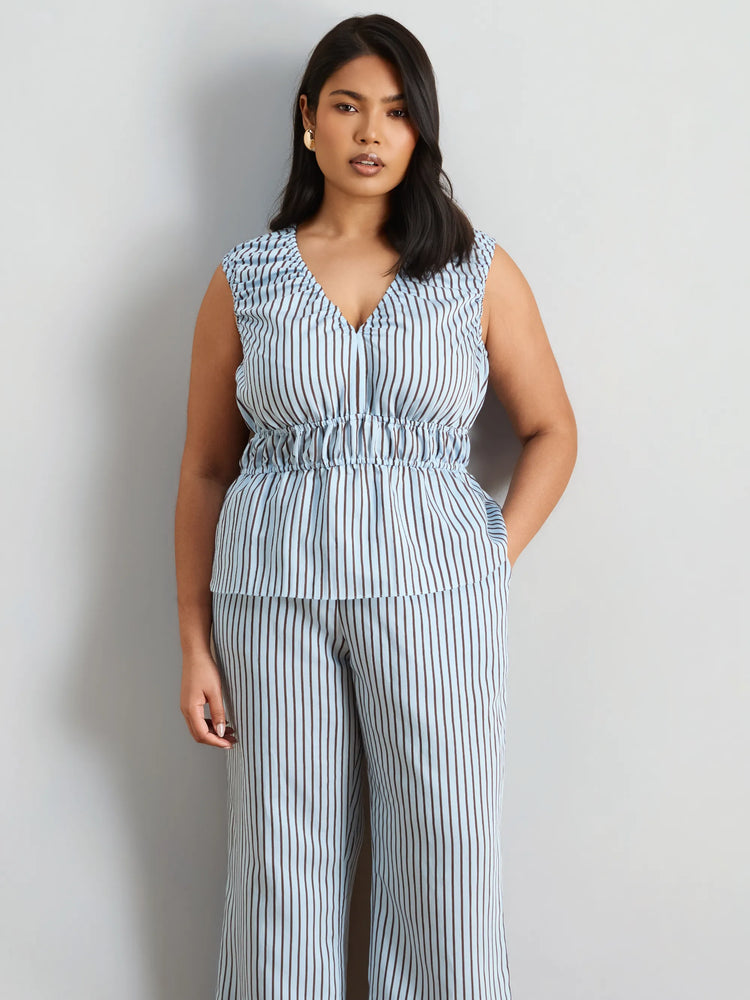 Blue And Chocolate Stripe V Neck Elasticated Peplum Top