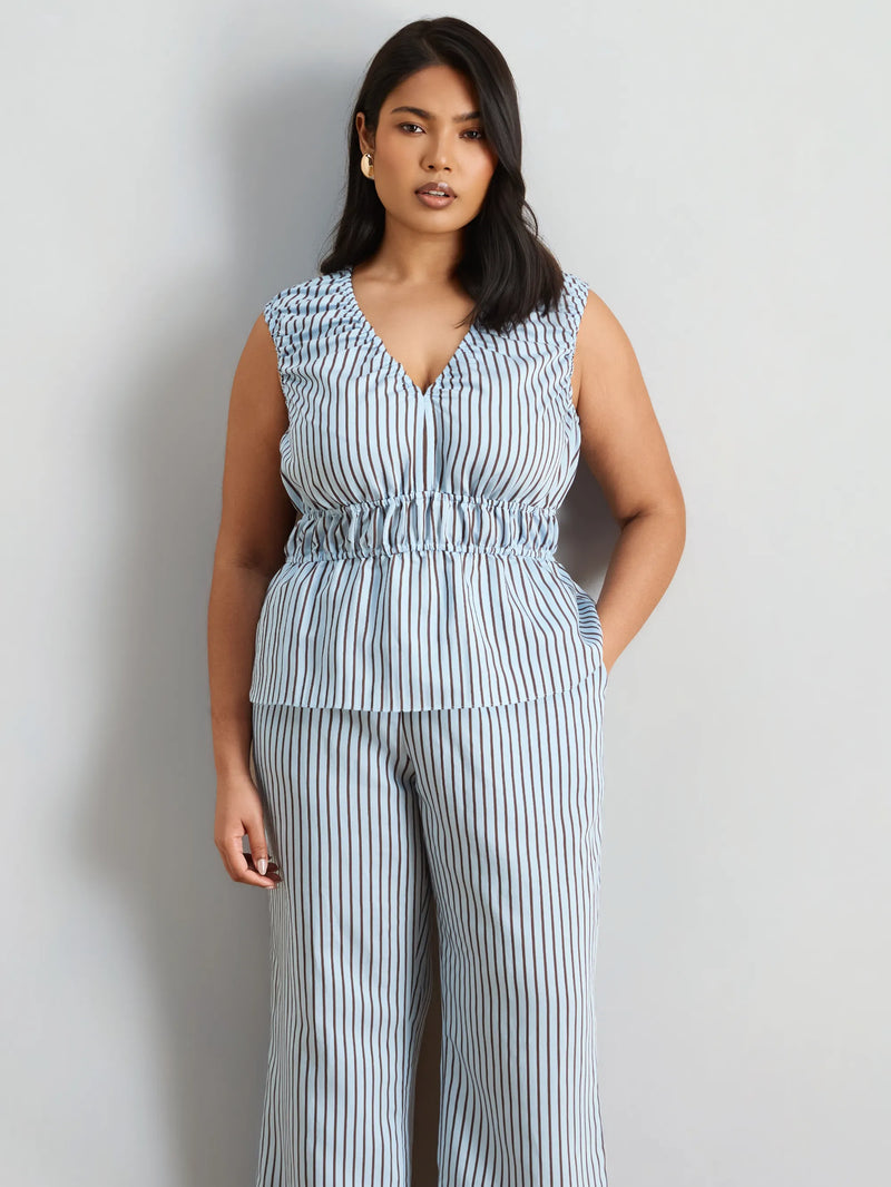Blue And Chocolate Stripe V Neck Elasticated Peplum Top