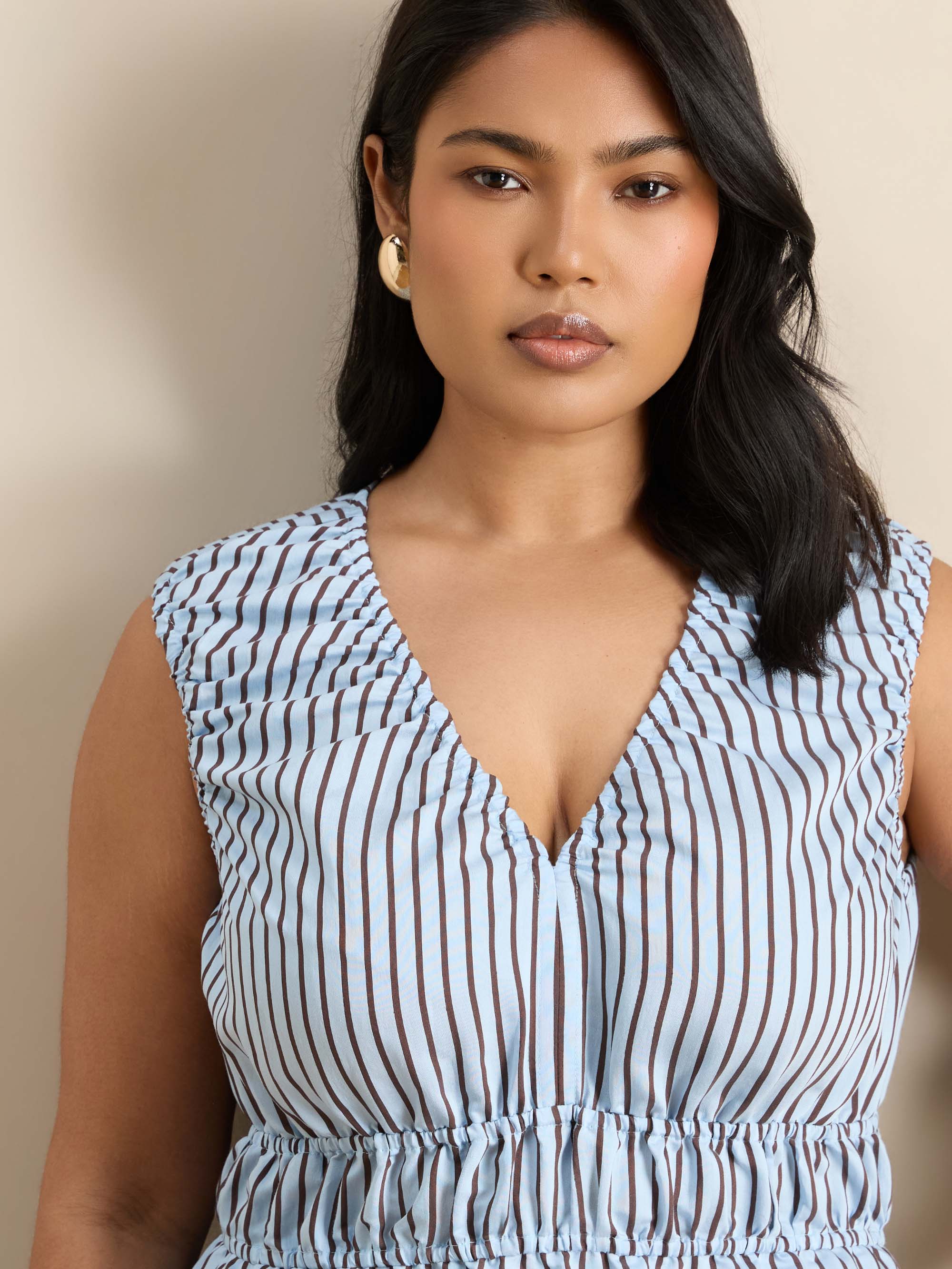 Blue And Chocolate Stripe V Neck Elasticated Peplum Top