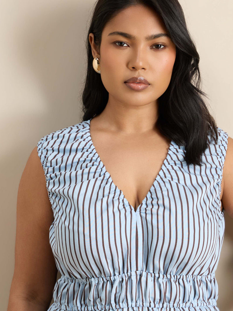 Blue And Chocolate Stripe V Neck Elasticated Peplum Top