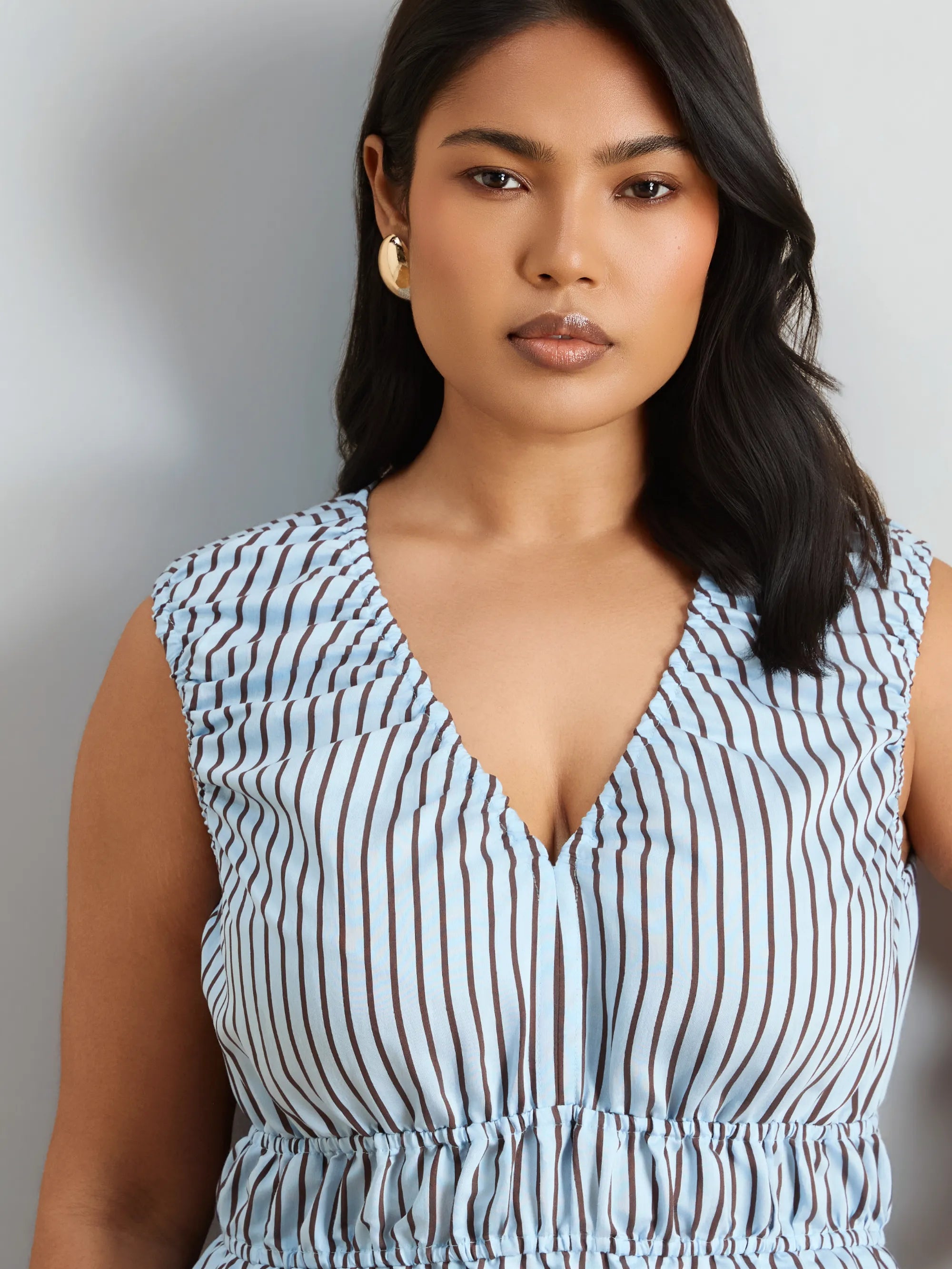 Blue And Chocolate Stripe V Neck Elasticated Peplum Top